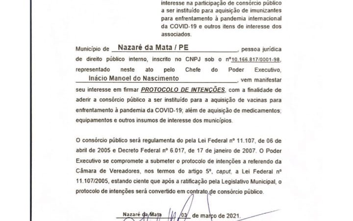 Prefeito Nino assina protocolo para aderir a consórcio de compra de vacinas contra a Covid-19 para a população
